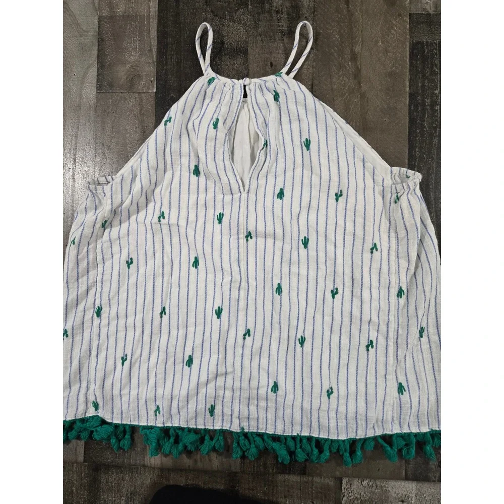 Blue Rain Cactus Embroidered Striped Halter Tank Top with Tassel Trim Medium - Picture 10 of 10